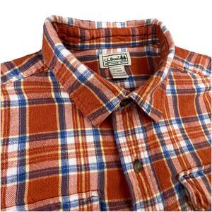 LL Bean Flannel Shirt Mens L Orange Plaid Button Up Cotton Outdoor Camp